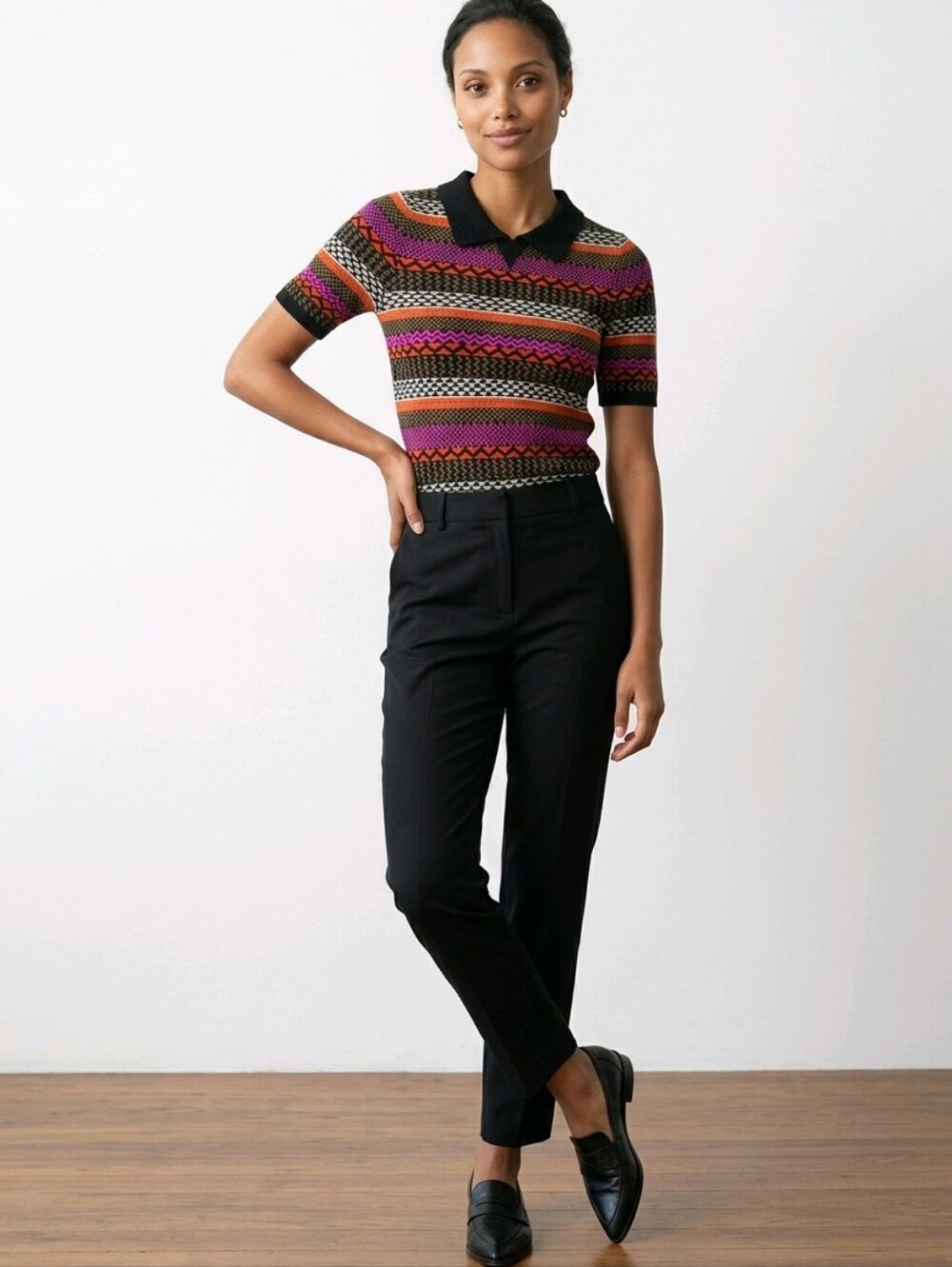 NEW Eva Franco Black Multi-Color Striped Short-Sleeve Knit Sweater Top Size XS